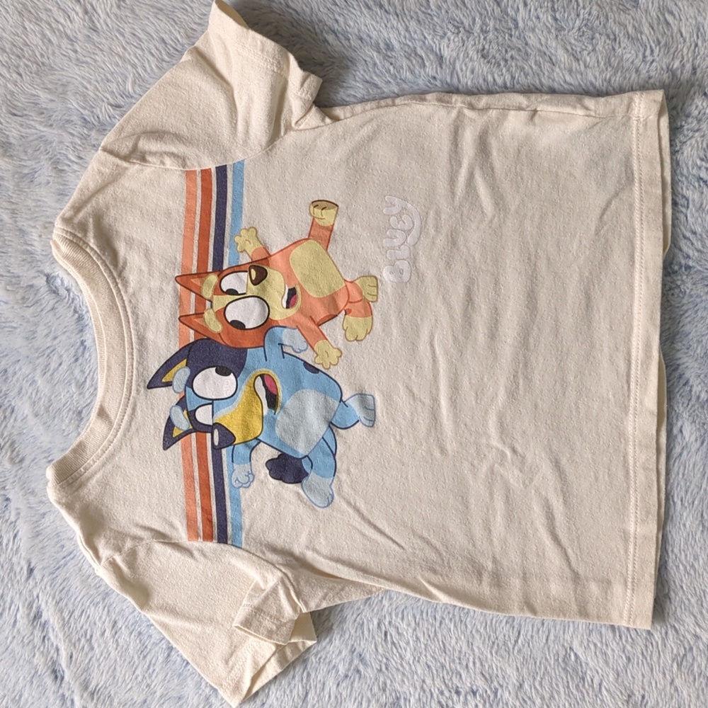 3T Old Navy Bluey Bingo Short Sleeve Tee Ivory Stripe Blue Dog Heeler T-shirt